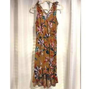 A New Day Floral High-Low Midi Dress Mustard Yellow Tropical Faux‎ Wrap Mens M